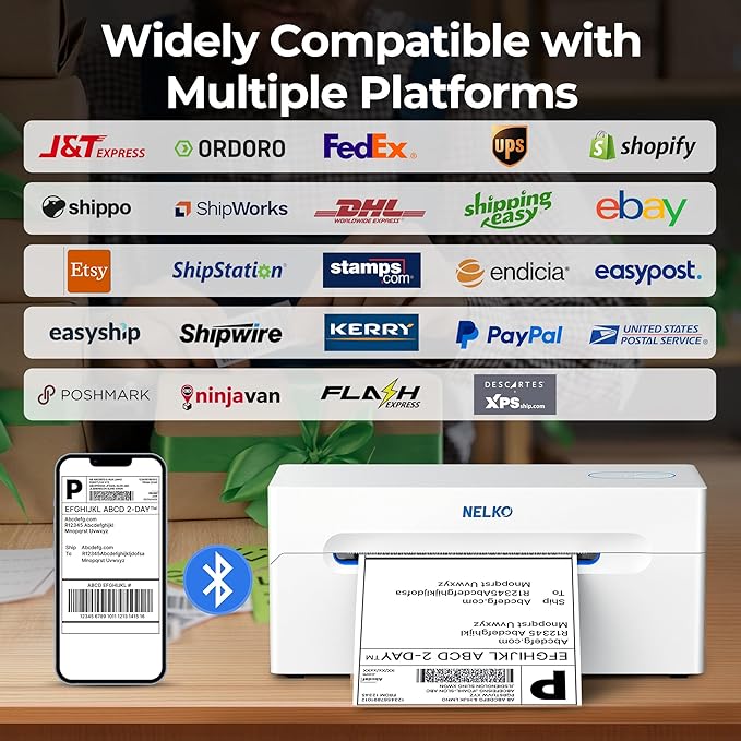Nelko Bluetooth Thermal Shipping Label Printer, Wireless 4x6 Shipping Label Printer for Small Business, Support Android, iPhone and Windows, Widely Used for Amazon, Ebay, Shopify, Etsy(White)