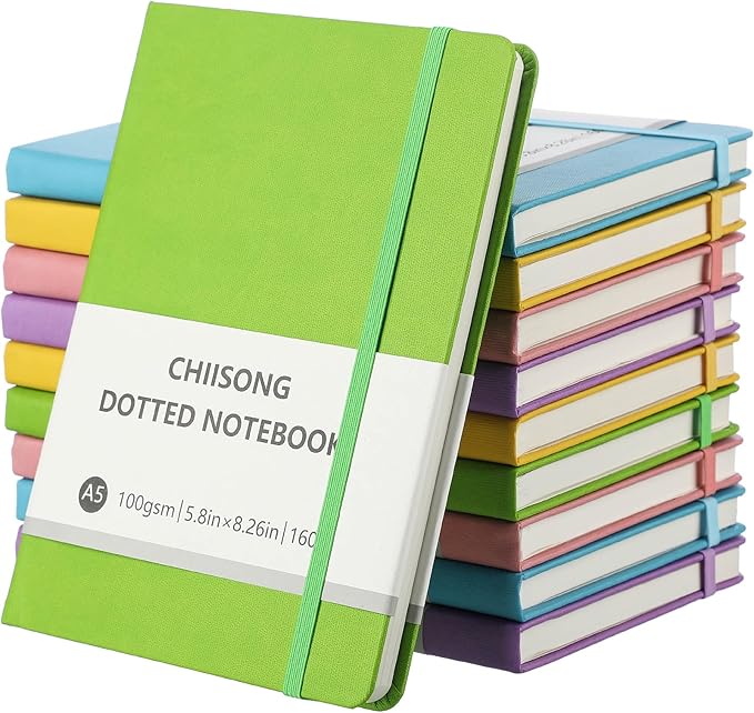 10 Pack Bullet Dotted Journal Notebook Bulk, A5 Dot Grid Notebook with 100 GSM Paper, Leather Hardcover Dotted Journal with 160 Pages for Women Men Writing Journaling Planning, 5.7 x 8.3 Inch