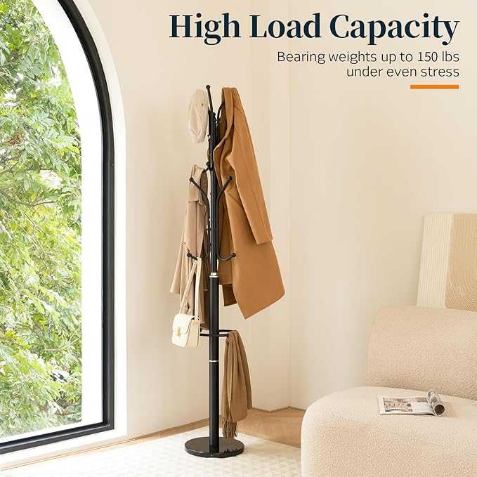 Yoobure Metal Coat Rack Freestanding with Marble Base, Coat Tree with 12 Hooks & Umbrella Holder, Coat Hanger Stand for Corner Entryway Bedroom Office, Heavy Duty Coat Rack Stand for Clothes Hats Bags