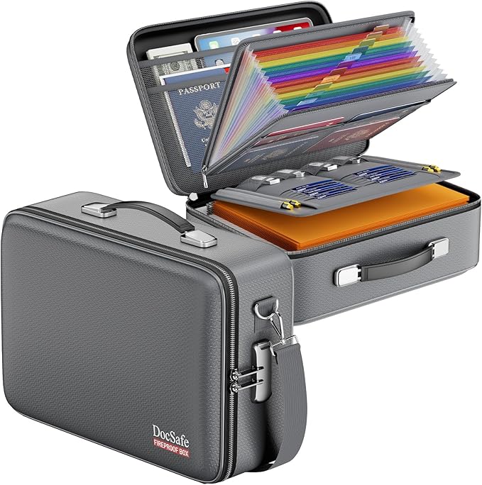 DocSafe Fireproof Document Box with Lock, Hard Case File Organizer with Accordion File Folder, Fireproof Water Resistant Safe Box Home Office Travel Storage for Important Documents Laptop Gray