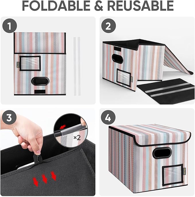 BALEINE File Organizer Box with Lid, Collapsible File Folder Organizer with Plastic Slide, Hanging File Folder Box for Office Document Storage (2 Pack, Color Stripe)