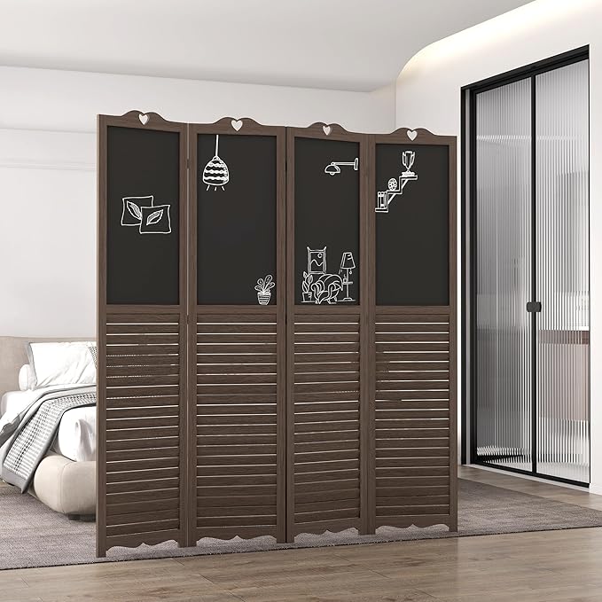 NicBex Room Divider 4 Panel Room Dividers with Black Boards Partition Room Dividers and Folding Privacy Screens 5.5 FT Wall Divider for Home, Office, Room Separation,63.75"W x 0.75"D x 67.75"H,Brown