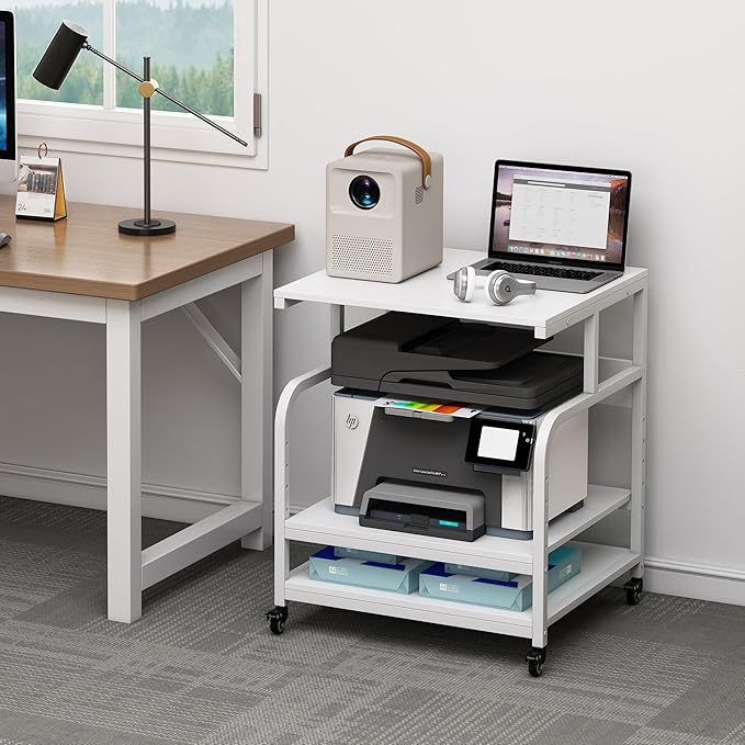 Printer Stand, 25.6" x 23.6" x 30.9" Extra Large Printer Table with Adjustable Storage Shelf, 3 Tier Rolling Printer Cart with Industrial Wheels for Home Office, White