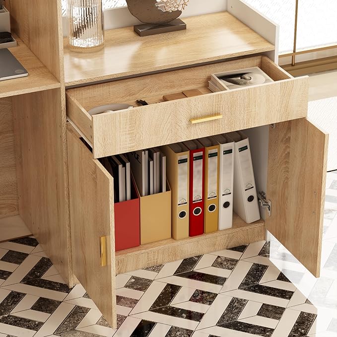 ECACAD Oak & White Reception Desk with Keyboard Tray, Retail Counter with Cabinet, Checkout Counter Table for Office Clinic Retail Lobby Salon