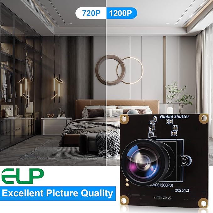 ELP High Speed Wide Angle Global Shutter USB Camera Module for Computer 1080P Mini UVC USB2.0 Webcam Board with 120degree No Distortion Lens AR0234 High Frame 90fps Web PC Camera Board for Laptop