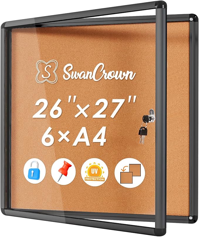 SWANCROWN Lockable Noticeboard Wall-Mounted Bulletin Cork Boards Tamper Proof Information Board Indoor,Black Frame,28x26 inch (6xA4)