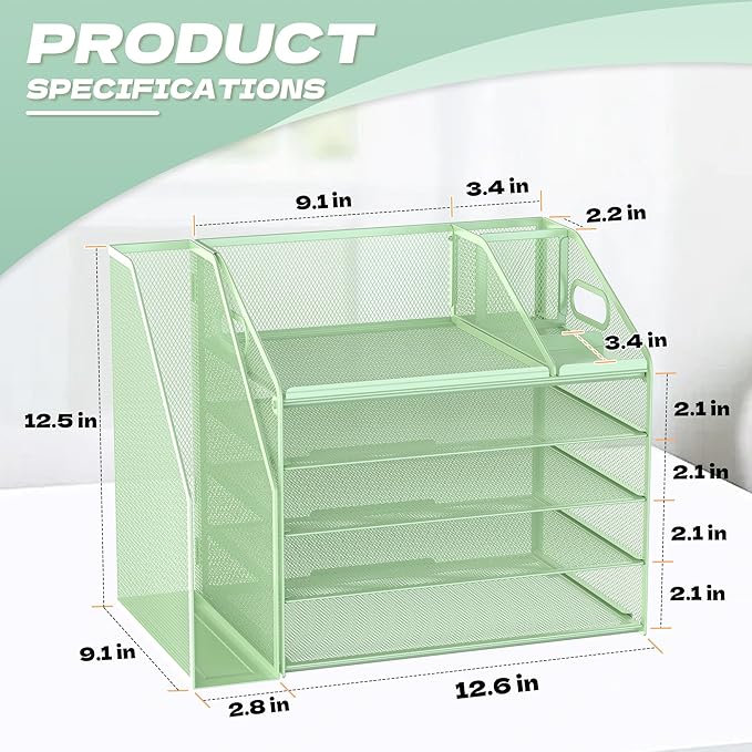 DocNest 5 Tier Paper Letter Tray File Organizer, Mesh Desk File with Handle, Workspace Desk Organizers with Pen Holder, Office Organization Storage Accessories - Green