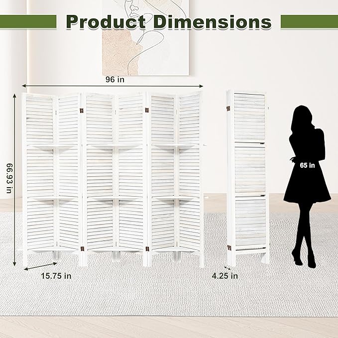 NicBex 6 Panel Room Divider,5.6FT Wood Carved Room Dividers with Display Shelves Folding Privacy Screens Portable Freestanding Partition Wall Dividers for Room Separation,Home Bedroom Office,White