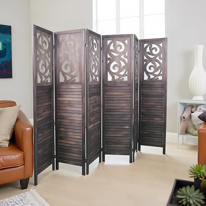 NicBex 6 Panel Room Divider,5.6FT Wood Carved Room Dividers,Folding Privacy Screens Portable Freestanding Partition Wall Dividers for Room Separation,Home Bedroom Office,Rustic Brown