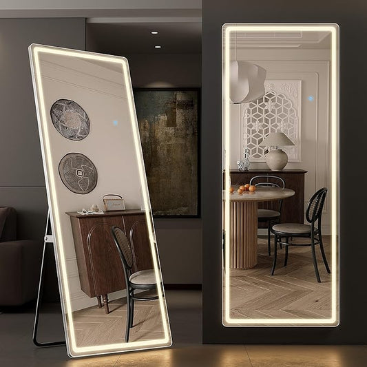 64"x21" Full Length Mirror with LED Lights, Lighted Full Body Mirrors, Aluminum Frame Mirror with Dimming & 3 Color Lighting, Hanging Mounted Mirrors for Bedroom Dressing Room Cloakroom