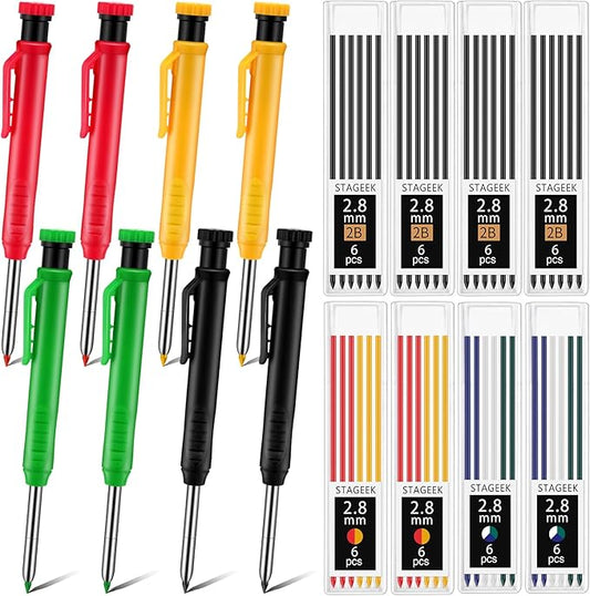 8 pack 2.8mm Mechanical Carpenter Pencils with 48 Refills, Construction Pencils with Built-in Sharpener, Long Nib Deep Hole Marker, Heavy Duty Woodworking Tools(Black+yellow+red+green)