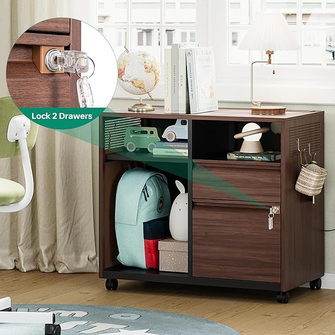 Letaya Mobile 2 Drawer File Cabinet with Lock, Metal Lateral Printer Stand Filing Storage Cabinets with Shelves for Home Office-A4/F4/Letter (Charging Socket)