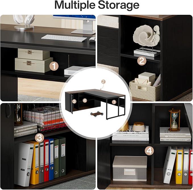 Tribesigns 71 inch Executive Desk, L Shaped Desk with Cabinet Storage, Executive Office Desk with Shelves, Business Furniture Workstation for Home Office, Black and Brown
