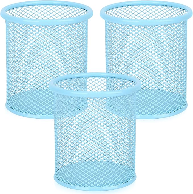 Segarty Pencil Holder, 3 Pack Light Blue Pen Holder, Pencils Cups for Desk, Round Mesh Pens Container Organizer for Office Supplies, School Classroom, Makeup Brush, Home Storage