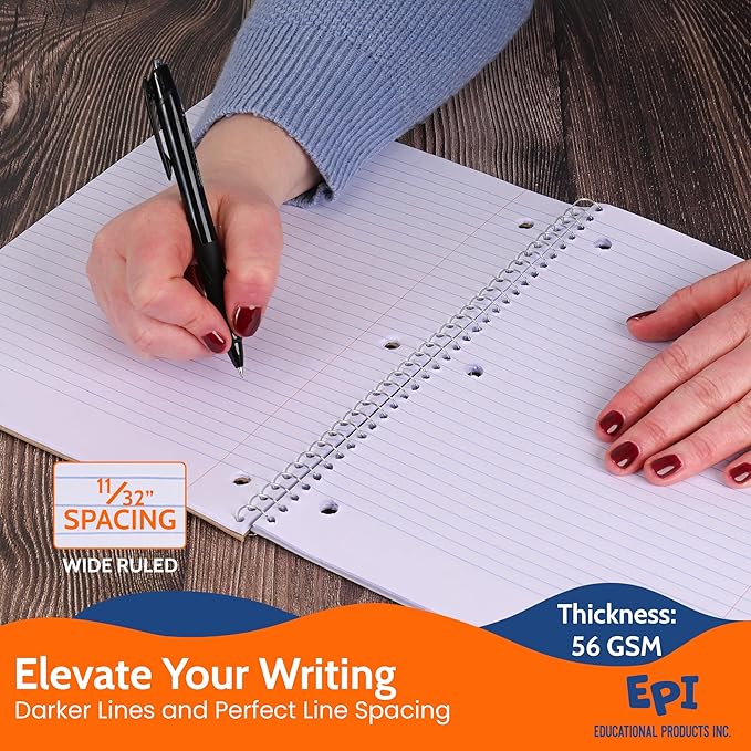 EPI Spiral Notebook | 5 Subject - Wide Ruled - 180 Sheets, Durable Spiral Binding | 10.5 x 8 in | Classroom Supplies | School, Office, Note Taking, Journaling - 24 Pack