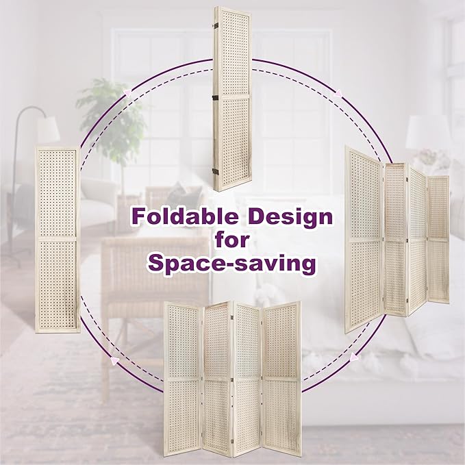 Room Divider, 5.6FT Folding Room Divider Panel, 4 Panel Pegboard Display Wood Partition Wall Divider for Room Separation& Craft Shows, Natural Wood