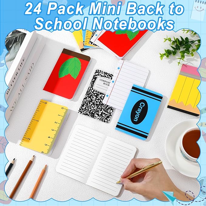24 Pack Back to School Party Favor Mini Composition Books Small Pocket Size Crayon Pencil Apple Teacher Appreciation Notebooks for Students First Day of School Gift Favors Classroom Prize 5x3 Inch