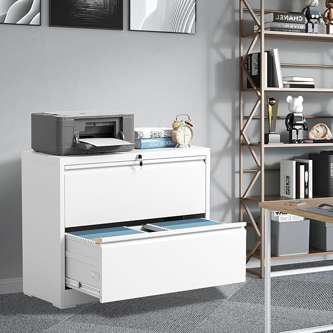 File Cabinets 2 Drawer, Metal Office Storage Filing Cabinet with Lock, White Lateral Filing Cabinet for Home Office,Horizontal Two Drawer File Cabinets for Legal/Letter,Assembly Require,White