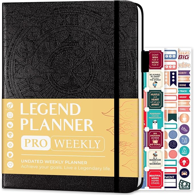 Legend Planner PRO – Deluxe Weekly & Monthly Life Planner to Increase Productivity and Hit Your Goals. Time Management Organizer Notebook – Undated – 7 x 10" Hardcover + Stickers – Black