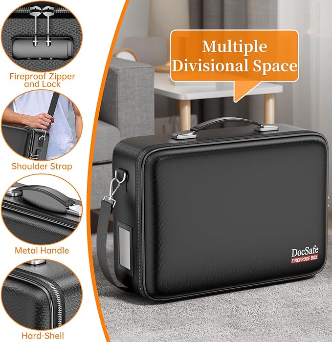 DocSafe Fireproof Document Box with Lock, Hard Case File Organizer with Accordion File Folder, Fireproof Water Resistant Safe Box Home Office Travel Storage for Important Documents Laptop Black