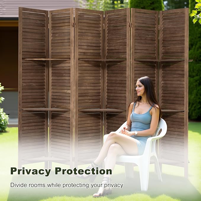 NicBex 6 Panel Room Divider,5.6FT Wood Carved Room Dividers with Display Shelves Folding Privacy Screens Portable Freestanding Partition Wall Dividers for Room Separation, Bedroom Office,Dark Brown