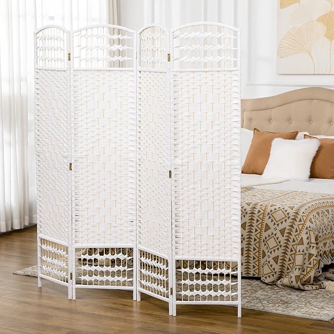 NicBex Room Divider 4 Panel Room Dividers with Woven Paper Design Partition Room Dividers and Folding Privacy Screens 5.6 FT Wall Divider for Office, Room Separation,63.6" W x 0.5" D x 67" H, White