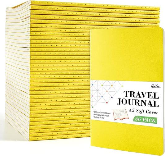 feela 36 Pack Soft Cover Journal Bulk, Lined Blank Travel Journal for Women Men Writing, Notebooks College Ruled for Work, Note Taking Notebook School Business Supplies, 8.2” x 5.5”, A5, Lemon Yellow