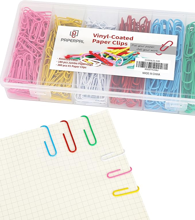 PAPERPAL Paperclips for Office School & Personal Use, Duo Size Vinyl Coated Paper Clip (2" & 1-2/7"), 540 Large & Medium Size Paper Clips (360 in No.1 Size, 180 in Jumo Size), Assorted Color