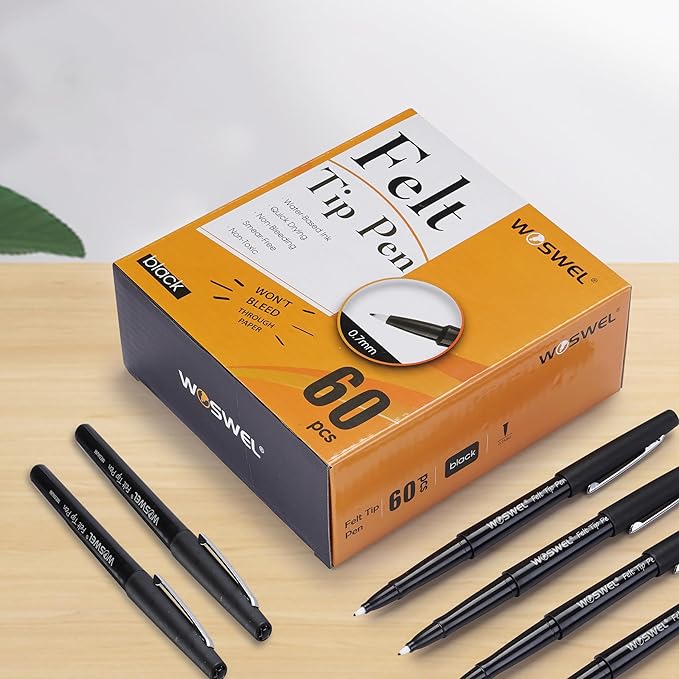 Black Felt Tip Pens - 60 Pack, 0.7mm Medium Point Pens for Journaling, Note Taking, Planner, Writing, Drawing