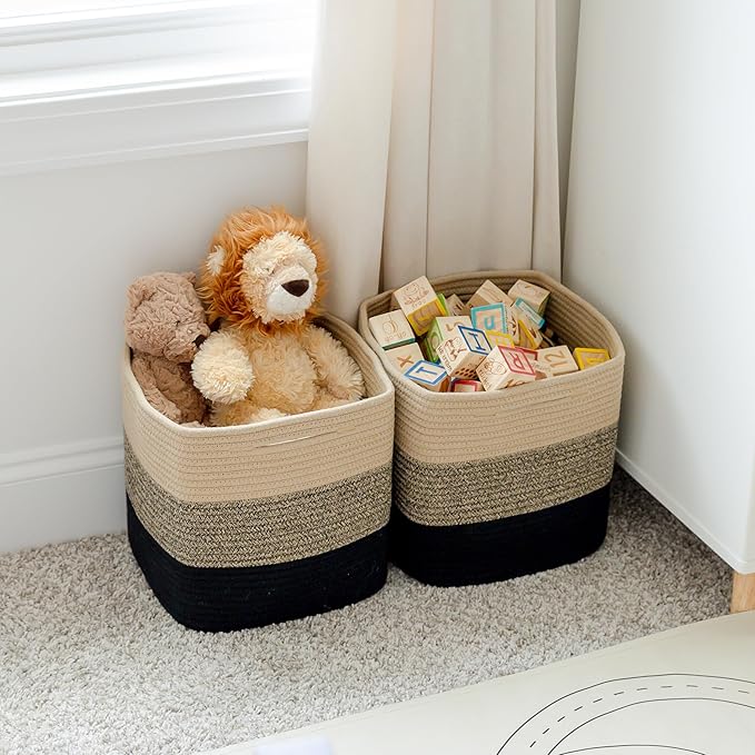 NaturalCozy Storage Cubes 11 Inch Cotton Rope Woven Baskets for Organizing, 3-Pack | Cube Storage Bin | Square Storage Baskets for Shelves Organizer, Classroom, Kids Toy Bins, Closet, Baby Nursery
