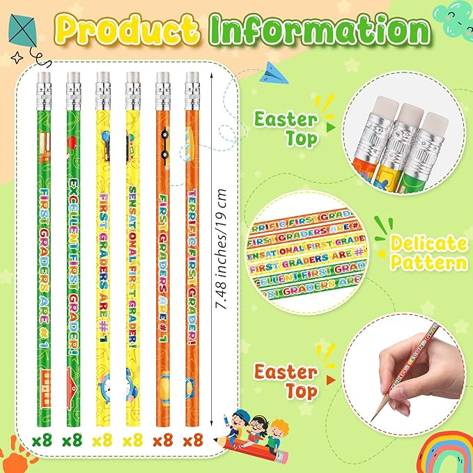 Tenceur 48 Pcs 1st Graders Pencils, 1 Motivational Cute Pencils Bulk with Erasers for Kids Student Teacher Classroom Reward Back to School Supplies