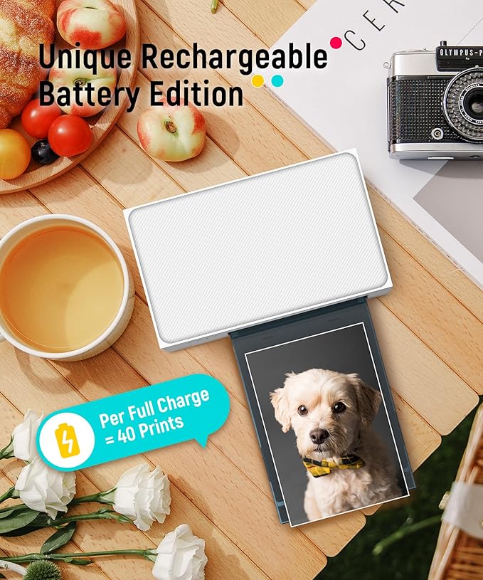 Liene White M200 4x6'' Photo Printer Battery Edition, Wireless Photo Printer for iPhone Android, Dye Sublimation Printing Full-Color Photo 20-Sheet, Portable Picture Printer Ideal for Travel Home Use