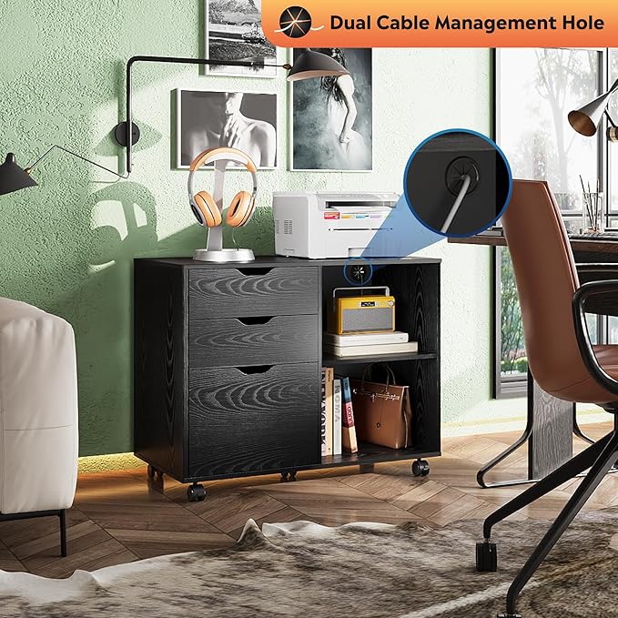 DEVAISE 3-Drawer Wood File Cabinet, Mobile Lateral Filing Cabinet, Printer Stand with Open Storage Shelves for Home Office, Black