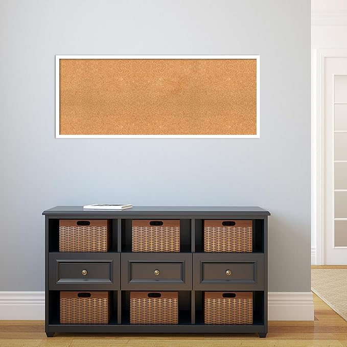 Amanti Art Natural Cork Board for Wall, 19x47 Vision Board with White Frame, Oversize Corkboard Office Decor for Home Organization, Modern Corkboard Pinboard to Display Items for Home Organization in
