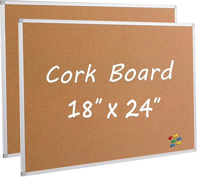 Board2by 2-Pack Cork Board Bulletin Board 24 x 18, Silver Aluminium Framed Corkboard, Office Board for Wall Cork, Large Wall Mounted Notice Pin Board for Home, Office and School