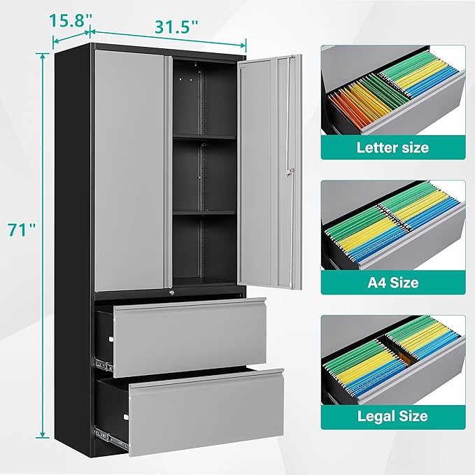 SISESOL Metal Storage Cabinet with Drawers, 71" File Cabinets for Home Office, Locking Steel Storage Cabinet with Doors and Shelves for Home, Office, Warehouse, Garage, School (Gray, 2 Drawers)