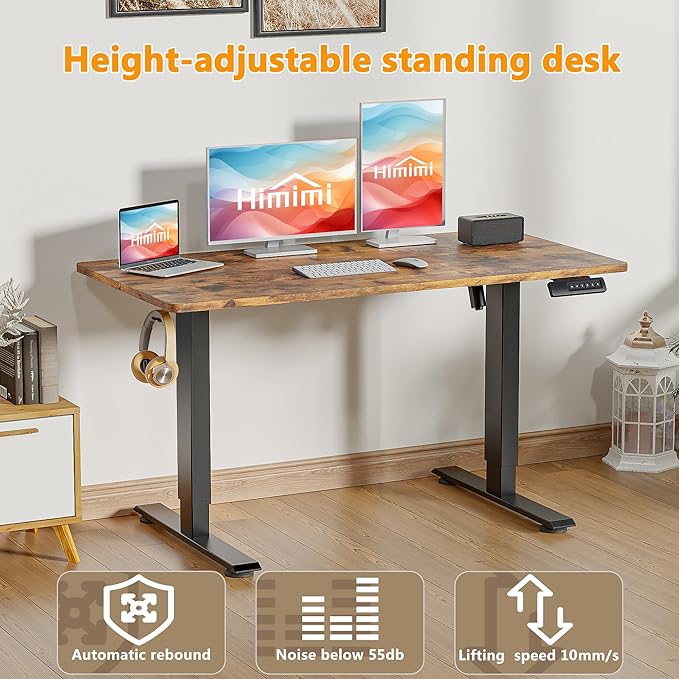 Himimi Electric Standing Desk 48 x 24 inch for Home Office,Sit-Stand Adjustable Desk with Memory Presets,Height Adjustable Desk for Gaming/Working,Free Hook, Lockable Wheels,Brown