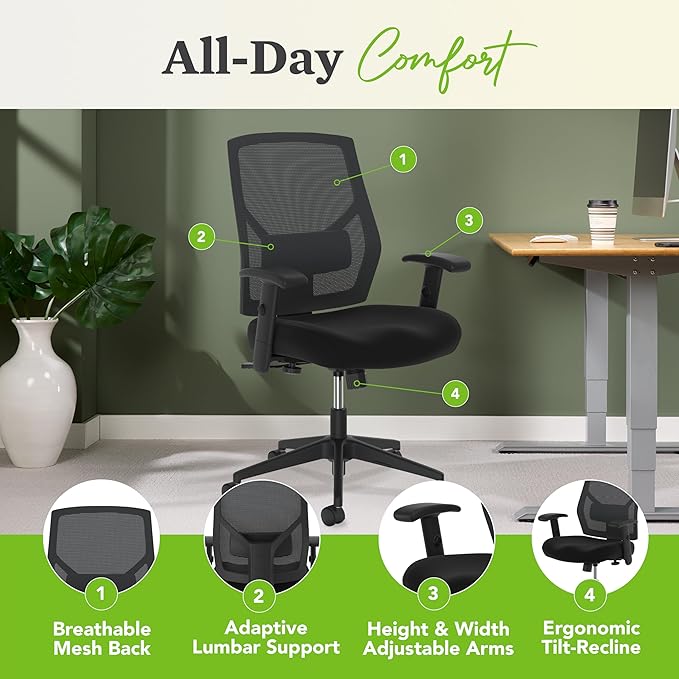 HON Crio High Back Task Chair, Ergonomic Office Chair with Adjustable Arms and Back Support, Lumbar Support, 360 Swivel, Adjustable Center-Tilt Recline, for Computers, Desks, Home Office, Black