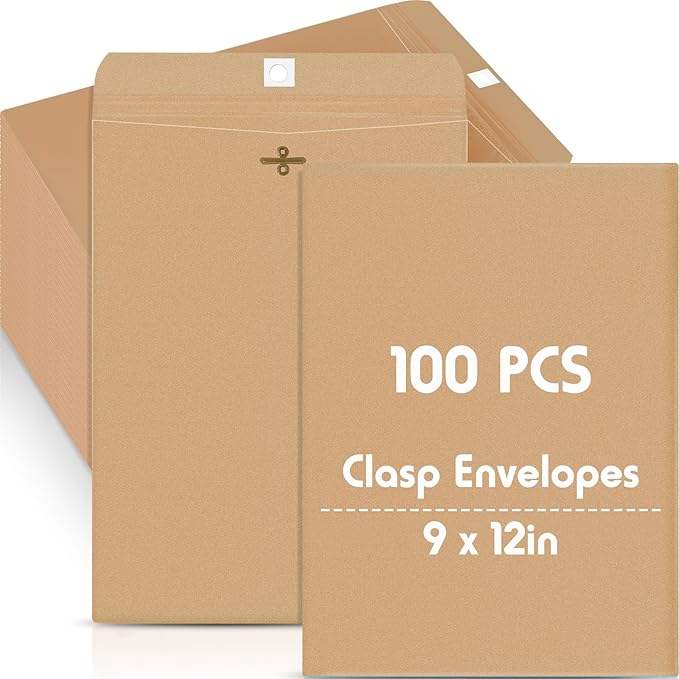 Geyee 100 Pcs Clasp Manilla Envelopes 9 x 12 Inch Gummed Colored Envelopes for Storing or Mailing for Home Office Business Supplies(Brown)