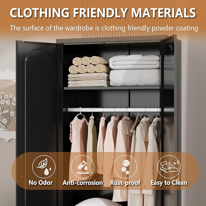 Metal Armoire Wardrobe Closet with Drawer, 71“ Tall Freestanding Wardrobe Cabinet with Doors and Shelves, Large Armoire with Hanging Rod, Clothes Cabinets for Bedroom, Black, Assembly Required