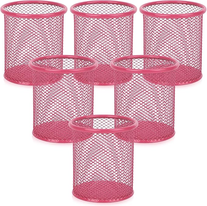 Segarty Pen Cup, 6 Pack Cute Dark Pink Pen Holder, Round Mesh Pencil Holder for Desk, Desktop Accessories Organizer for Office Supply, School, Home Storage, Makeup Brush Organization