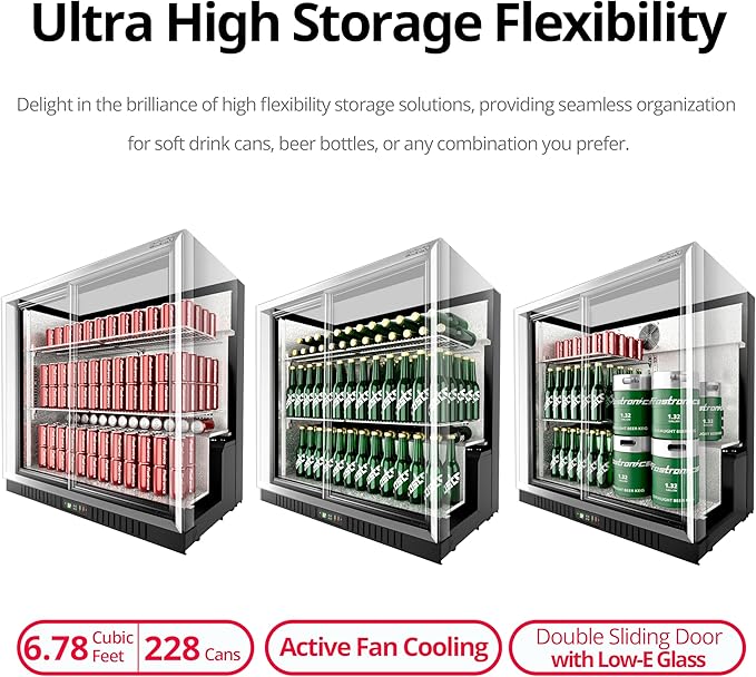 36 Inch 228 Cans Double Door Back Bar Beverage Cooler, 6.5 cu. ft. Under Counter Glass Bar Fridge With Sliding Door, Lockable, 32-50F Display Refrigerator, ETL & NSF7 Certified