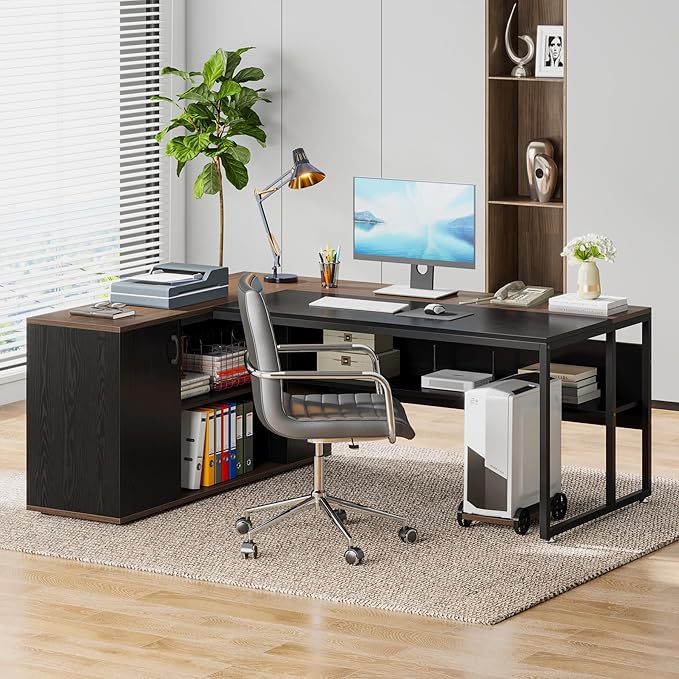 Tribesigns 71 inch Executive Desk, L Shaped Desk with Cabinet Storage, Executive Office Desk with Shelves, Business Furniture Workstation for Home Office, Black and Brown