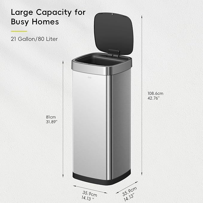 EKO EcoSmart Tall and Large Kitchen Trash Can, 80L/21.1G High Capacity, Touchless Soft Square Motion Sensor Garbage Can, Brushed Stainless Steel