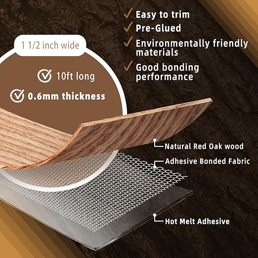 GSCIT Club Red Oak Edge Banding, 1 1/2 inch x 10ft roll of Veneer Edge Banding Pre-glued Flexible, Wood Tape Banding for Cabinet Repair Furniture