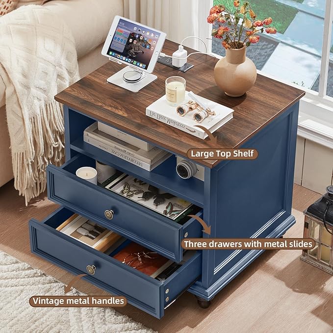 24" Wide Farmhouse Nightstand Set of 2 with Charging Station,End Table with 2 Drawers,Blue Wood Dresser for Bedroom Cabinet, Bed Side Table Chest of Drawers, Night Stand for Living Room, Closet