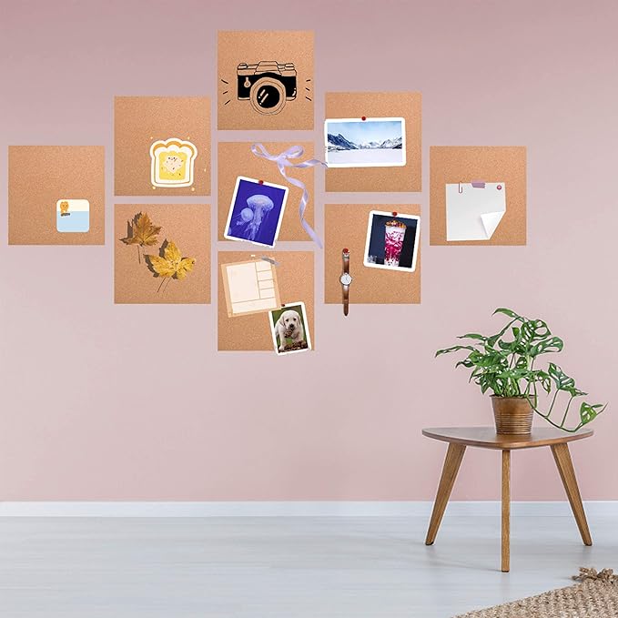 SUNGIFT Cork Board 12"x12" - 1/2" Thick Square Bulletin Boards 9 Pack Cork Tiles with 100 PCS Push Pins Mini Wall Self-Adhesive Corkboards Tiles for Wall