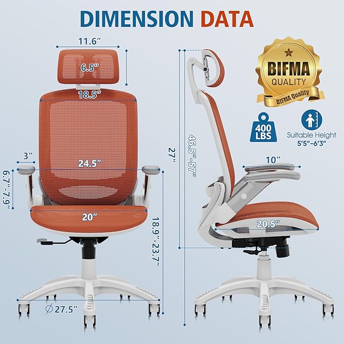GABRYLLY Ergonomic Office Chair, High Back Home Desk Chair with Headrest, Flip-Up Arms, 90-120° Tilt Lock and Wide Cushion, 400LBS Mesh Chairs for Man Woman, White Task Chair(Orange,GY01WOR)