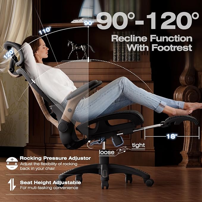 ELABEST X100 Ergonomic Office Chair with Footrest, Big and Tall Home Desk Chair with 5D Flip-Up Arms, Adjustable 5D Lumbar Support,High Back Rolling Computer Chair, Swivel Mesh Chairs (Library Oak)