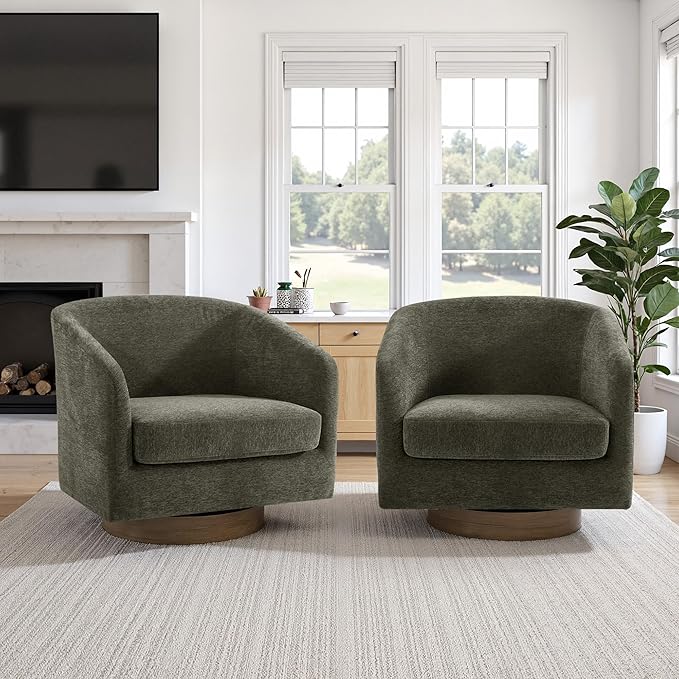 UIXE Swivel Accent Chairs Set of 2, Chenille Upholstered Barrel Chair for Living Room, Comfy Round Armchair Single Sofa Bedroom Reading Seat - 31" W, Tan